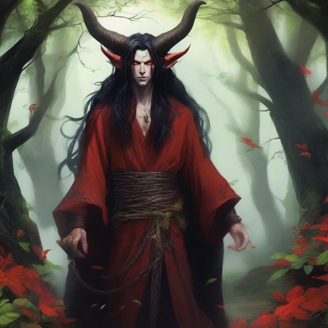 A striking image of a male druid tiefling character with red skin and long black hair