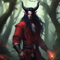 A striking image of a male druid tiefling character with red skin and long black hair