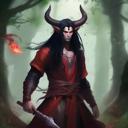 A striking image of a male druid tiefling character with red skin and long black hair