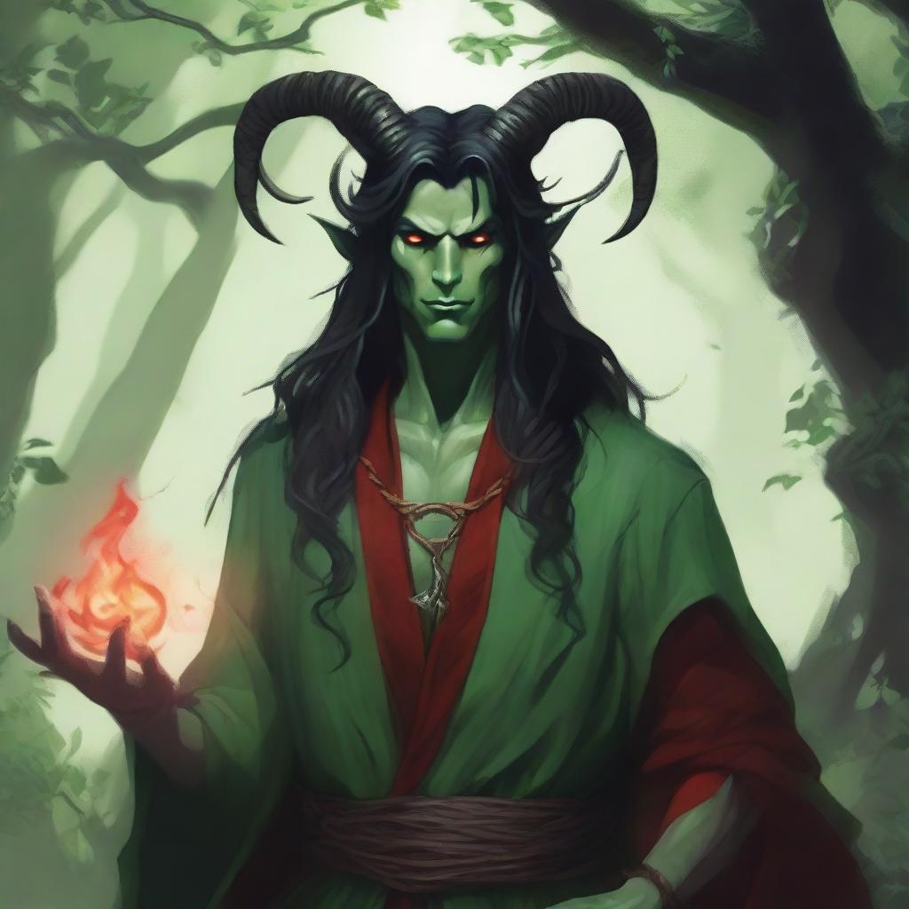 A striking image of a male druid tiefling character with red skin and long black hair