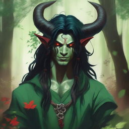 A striking image of a male druid tiefling character with red skin and long black hair