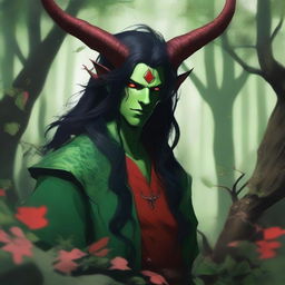 A striking image of a male druid tiefling character with red skin and long black hair