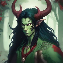 A striking image of a male druid tiefling character with red skin and long black hair