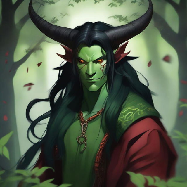 A striking image of a male druid tiefling character with red skin and long black hair