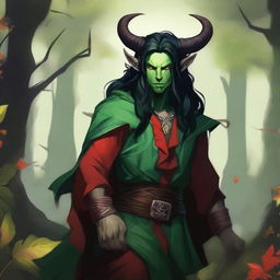 A striking image of a male druid tiefling character with red skin and long black hair