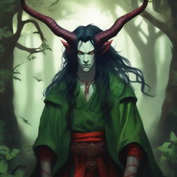 A striking image of a male druid tiefling character with red skin and long black hair