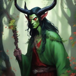 A striking image of a male druid tiefling character with red skin and long black hair