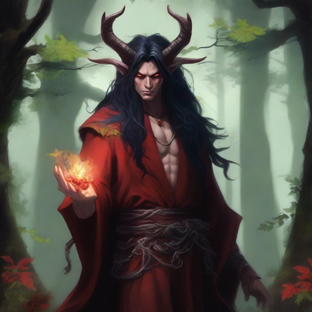 A striking image of a male druid tiefling character with red skin and long black hair