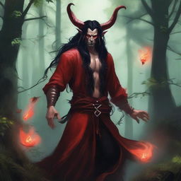 A striking image of a male druid tiefling character with red skin and long black hair