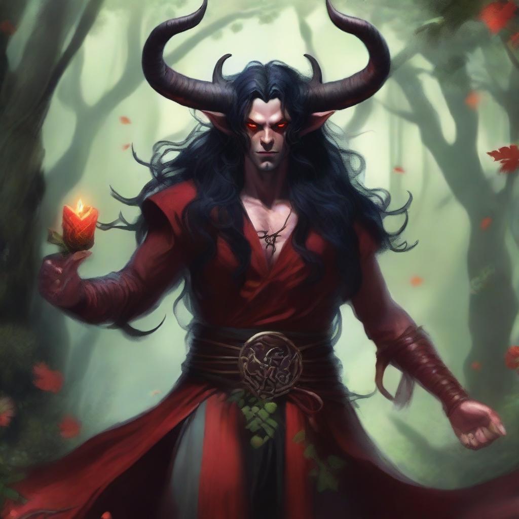 A striking image of a male druid tiefling character with red skin and long black hair