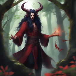 A striking image of a male druid tiefling character with red skin and long black hair