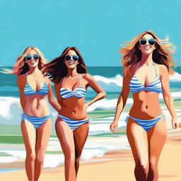 A group of women wearing bikinis, enjoying a sunny day at the beach, with clear blue skies and gentle waves in the background