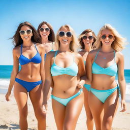 A group of women wearing bikinis, enjoying a sunny day at the beach, with clear blue skies and gentle waves in the background