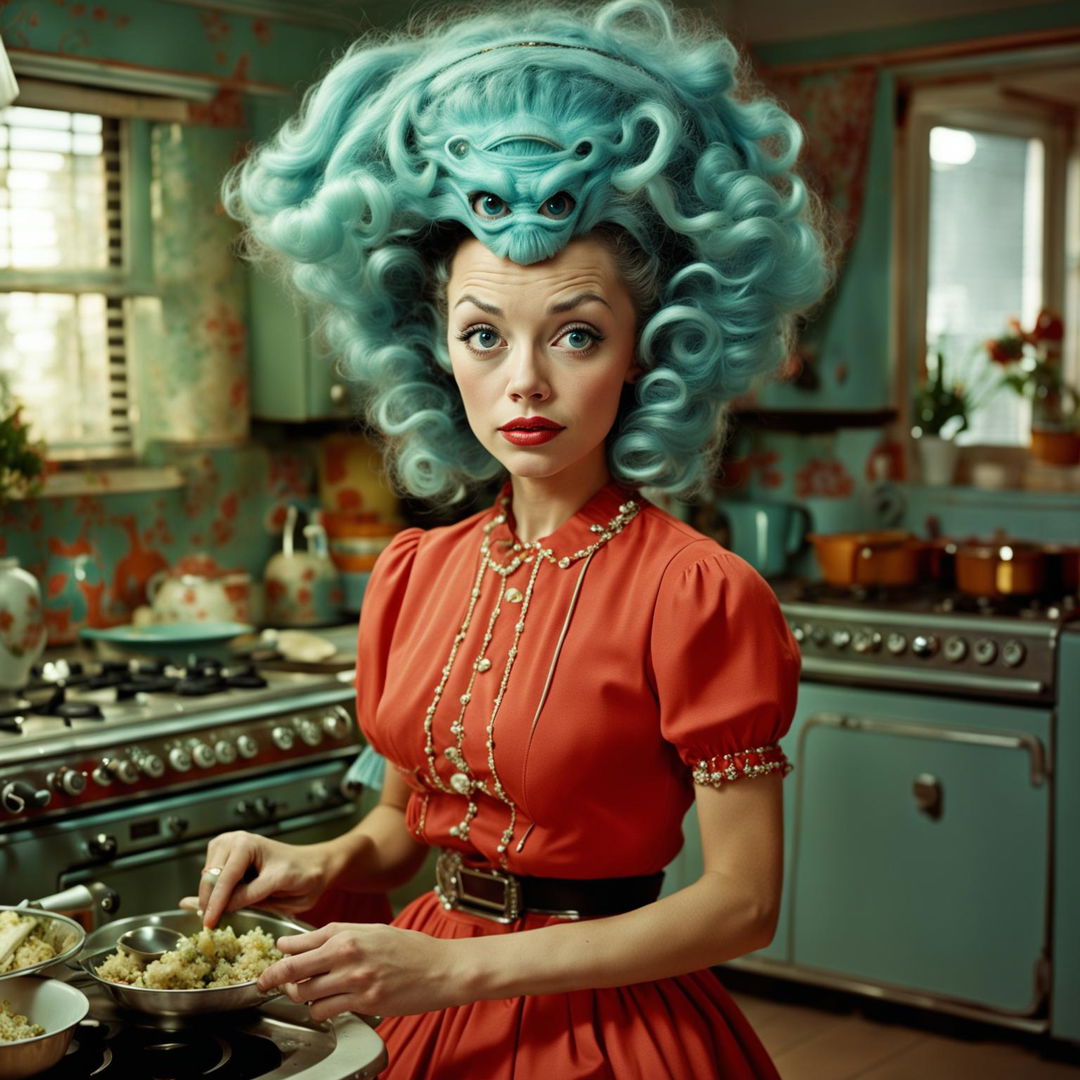 A cyan-skinned alien dressed as a 1950s American housewife in a red dress, with large eyes and a classic hairstyle, captured candidly in a suburban kitchen with a Canon EOS 5DS camera