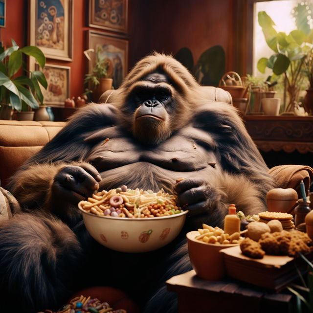 An obese ape is sitting on a couch in a cozy living room, eating from a large bowl of snacks with various snacks scattered around