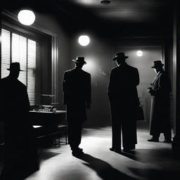 A dramatic scene with a film noir aesthetic, featuring shadowy figures and a sense of mystery and intrigue