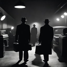 A dramatic scene with a film noir aesthetic, featuring shadowy figures and a sense of mystery and intrigue