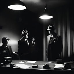 A dramatic scene with a film noir aesthetic, featuring shadowy figures and a sense of mystery and intrigue