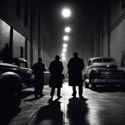 A dramatic scene with a film noir aesthetic, featuring shadowy figures and a sense of mystery and intrigue