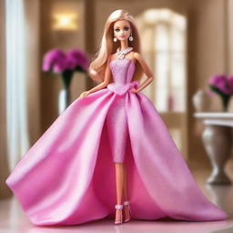 A stylish and glamorous Barbie doll in a fashionable outfit, striking a confident pose