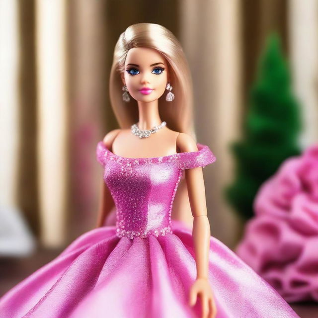 A stylish and glamorous Barbie doll in a fashionable outfit, striking a confident pose