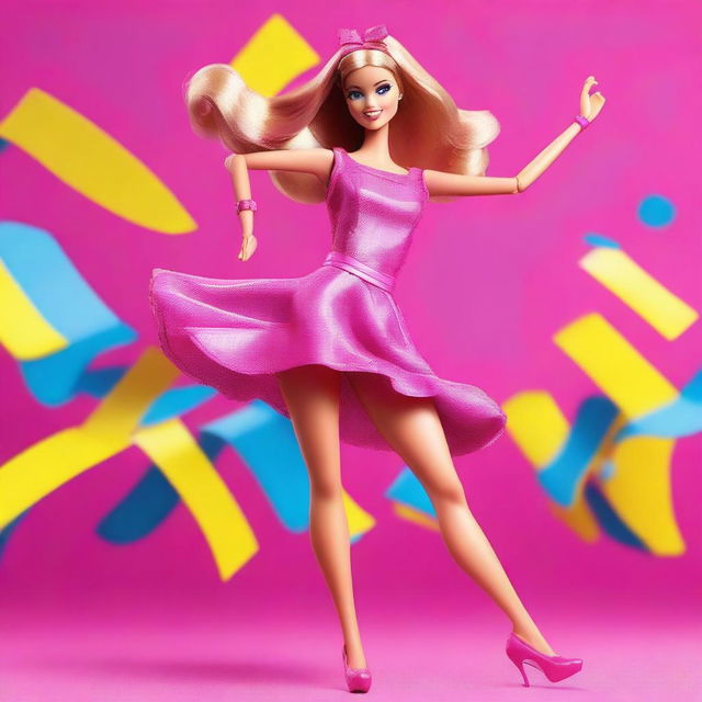 A depiction of Barbie dancing in a lively and energetic manner, emphasizing her movements in a fun and stylish way