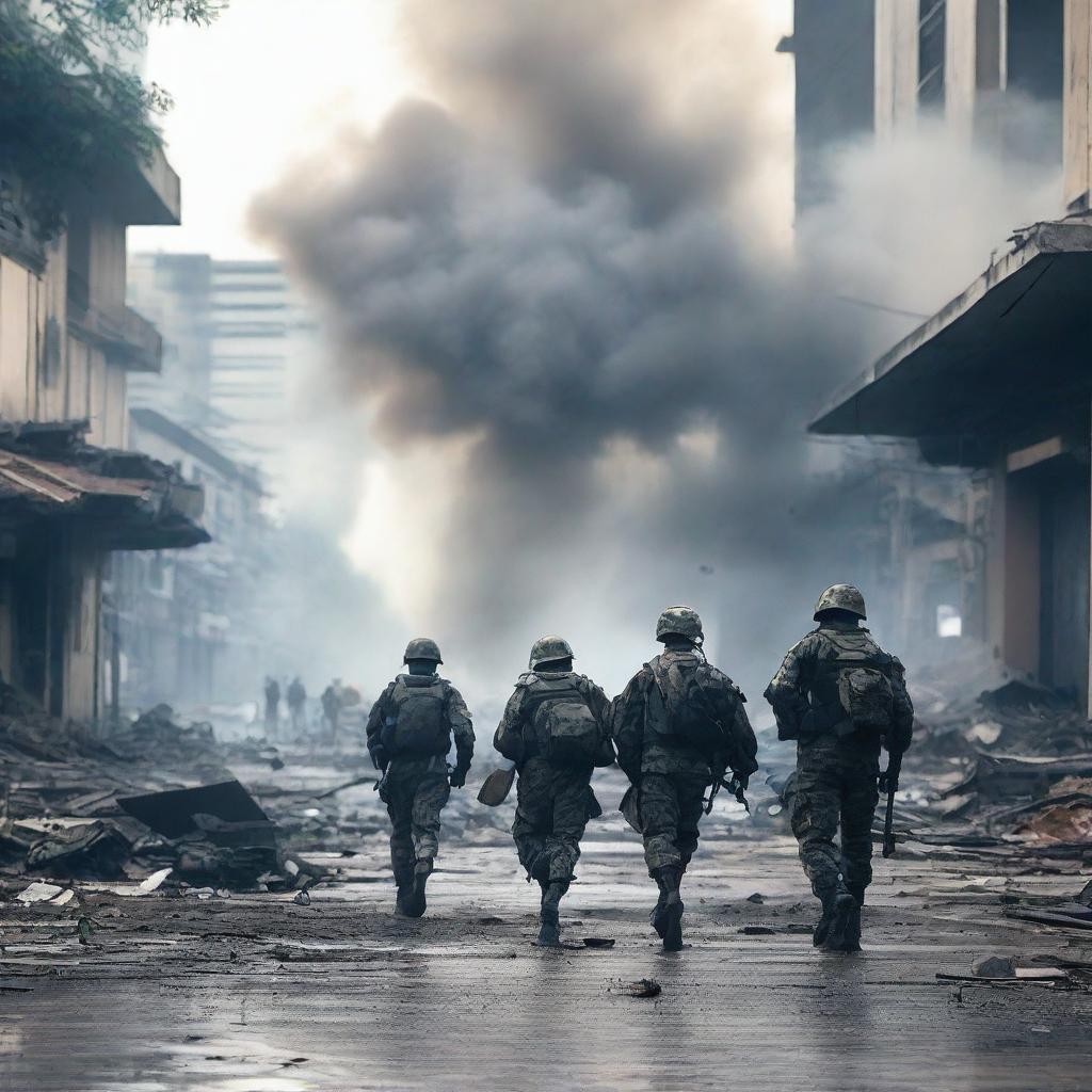 A modern civil war scene in Indonesia, featuring urban warfare with soldiers in contemporary military gear, damaged buildings, and civilians caught in the crossfire