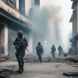 A modern civil war scene in Indonesia, featuring urban warfare with soldiers in contemporary military gear, damaged buildings, and civilians caught in the crossfire