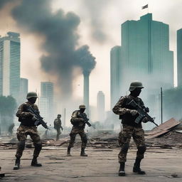 A modern civil war scene in Jakarta, Indonesia, featuring urban warfare with soldiers in contemporary military gear, damaged buildings, and civilians caught in the crossfire