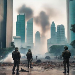 A modern civil war scene in Jakarta, Indonesia, featuring urban warfare with soldiers in contemporary military gear, damaged buildings, and civilians caught in the crossfire