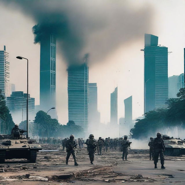 A modern civil war scene in Jakarta, Indonesia, featuring urban warfare with soldiers in contemporary military gear, damaged buildings, and civilians caught in the crossfire