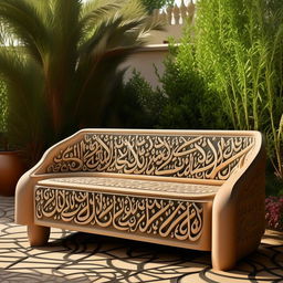 An outdoor seat with arabesque designs, inspired by distinctive Arabic script lines, crafted from weather-resistant materials and set in a soothing garden environment.