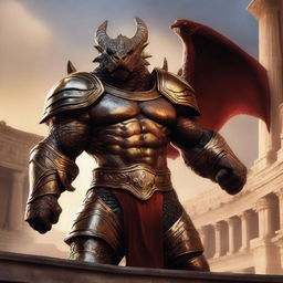 A massive, muscular dragonborn gladiator with gold and crimson scales stands in a grand colosseum