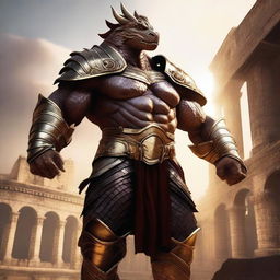 A massive, muscular dragonborn gladiator with gold and crimson scales stands in a grand colosseum