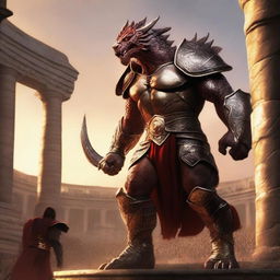 A massive, muscular dragonborn gladiator with gold and crimson scales stands in a grand colosseum