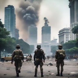 A modern civil war scene in Jakarta, Indonesia, featuring urban warfare with soldiers in contemporary military gear, damaged buildings, and civilians caught in the crossfire