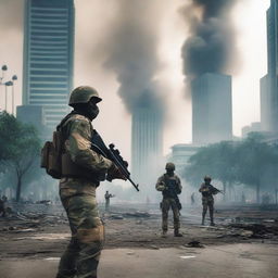 A modern civil war scene in Jakarta, Indonesia, featuring urban warfare with soldiers in contemporary military gear, damaged buildings, and civilians caught in the crossfire