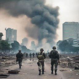 A modern civil war scene in Jakarta, Indonesia, featuring urban warfare with soldiers in contemporary military gear, damaged buildings, and civilians caught in the crossfire