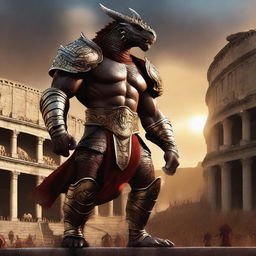 A massive, muscular dragonborn gladiator with gold and crimson scales stands in a grand colosseum, reminiscent of the Attitude Era of wrestling