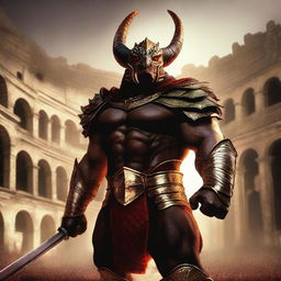 A massive, muscular dragonborn gladiator with gold and crimson scales stands in a grand colosseum, reminiscent of the Attitude Era of wrestling