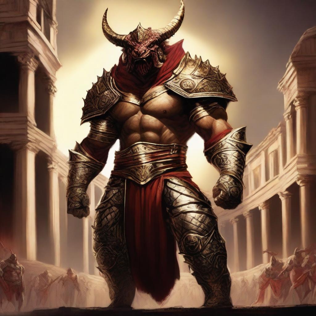 A massive, muscular dragonborn gladiator with gold and crimson scales stands in a grand colosseum, reminiscent of the Attitude Era of wrestling