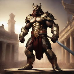 A massive, muscular dragonborn gladiator with gold and crimson scales stands in a grand colosseum, reminiscent of the Attitude Era of wrestling