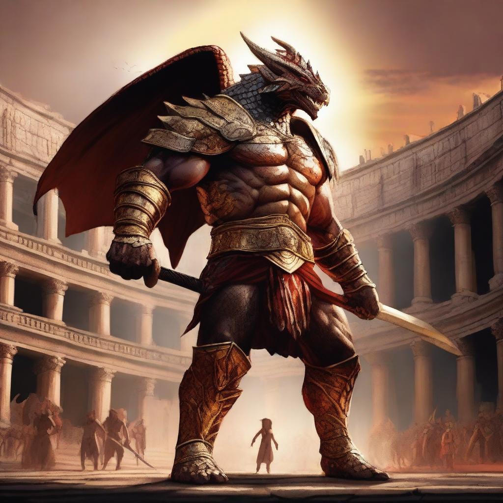 A massive, muscular dragonborn gladiator with gold and crimson scales, wielding a massive maul, stands in a grand colosseum reminiscent of the Attitude Era of wrestling