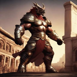 A massive, muscular dragonborn gladiator with gold and crimson scales, wielding a massive maul, stands in a grand colosseum reminiscent of the Attitude Era of wrestling