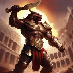 A massive, muscular dragonborn gladiator with gold and crimson scales, wielding a massive maul, stands in a grand colosseum reminiscent of the Attitude Era of wrestling