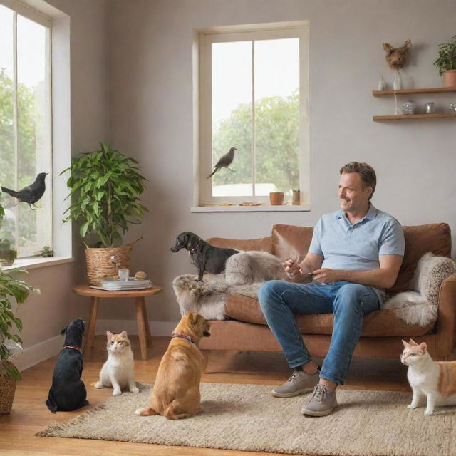 A relaxed scene featuring a man in casual attire joyously interacting with various pets including dogs, cats, and birds in an indoor setting.