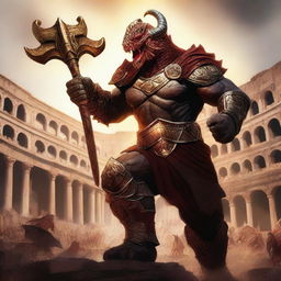 A massive, muscular dragonborn gladiator with gold and crimson scales, wielding a massive maul, stands in a grand colosseum reminiscent of the Attitude Era of wrestling