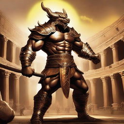 A massive, muscular gold dragonborn gladiator stands in a grand colosseum, reminiscent of the Attitude Era of wrestling