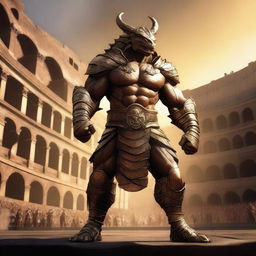 A massive, muscular gold dragonborn gladiator stands in a grand colosseum, reminiscent of the Attitude Era of wrestling