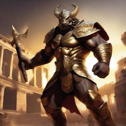 A massive, muscular gold dragonborn gladiator stands in a grand colosseum, reminiscent of the Attitude Era of wrestling